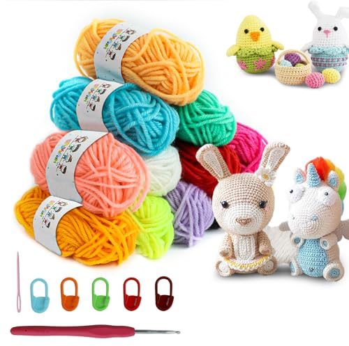 JOLIGAEA Häkelgarn 12 Farben, 10g/20m Wolle zum Häkeln Stricken, Häkelgarn mit Häkelnadeln Knöpfen, Baumwollgarn für Anfänger Set Acryl Dicke Bunte Regenbogen Acrylwolle, Yarn Crochet