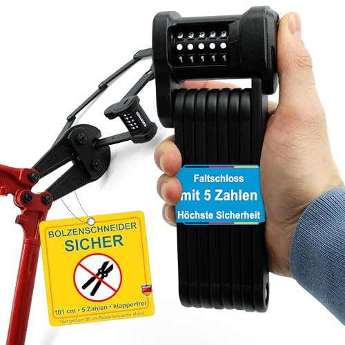 KOHLBURG Fahrradschloss Zahlenschloss mit 5-stelligem Zahlencode [Bolzenschneider sicher, 101 cm lang] Faltschloss Typ Wien mit Halterung hohe Sicherheit – Fahrrad Schloss e Scooter e-Bike & Bike Lock