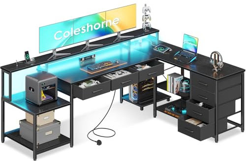 Coleshome 199.5x145.5 cm Corner Desk with 7 File Drawers, L Shaped Desk with 2 Power Outlets & LED lights, Home Office Desks with Storage Shelves, Reversible Computer Table with Monitor Shelf, Black