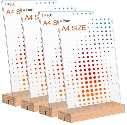 Whemyreat Espositore da tavolo con base in legno, formato A4, in acrilico, formato A4, formato A4 L, in acrilico, su entrambi i lati, per matrimoni, ufficio, caffè, ristorante