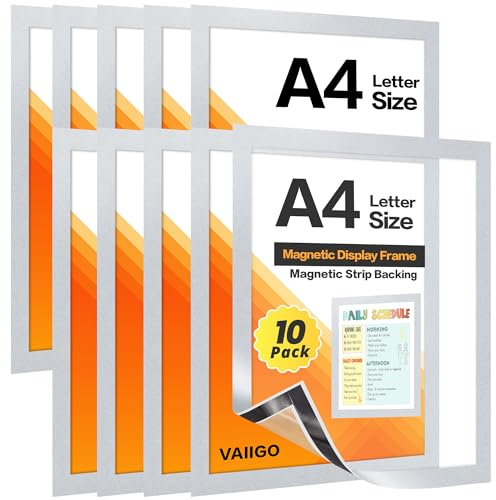 VAIIGO Lot de 10 cadres d'affichage, magnétiques, A4, auto-adhésifs, porte-papier, pour licences, photos, documents, argent