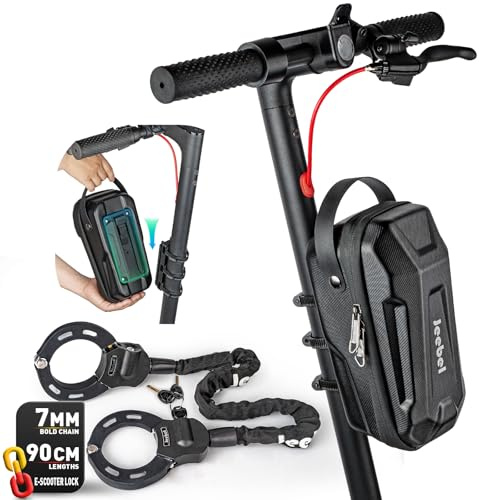 Jeebel Borsa per Monopattino Elettrico 3/4/5L & Antifurto Catena ø7MM 90CM - Sacca da Manubrio con Supporto Fissaggio Rapido, Lucchetto con Chiavi per Bicicletta, Scooter, MTB (3 L + Lucchetto)