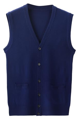 Cexiakong Gilet lavorato a maglia da uomo, senza maniche, con scollo a V, in cotone, maglione aperto sul davanti da uomo, gilet lavorato a maglia, casual, tinta unita, O blu navy, M