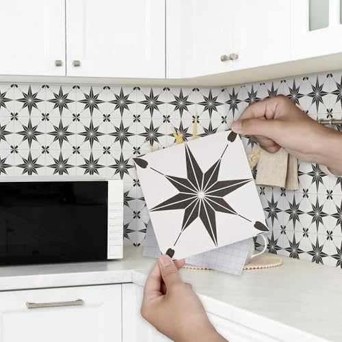 Honcet 12Pcs White Tile Stickers, White Stars Stick on Tiles Bathroom Kitchen 15x15cm, Vinyl Self Adhesive Tiles for Wall Backsplash Waterproof