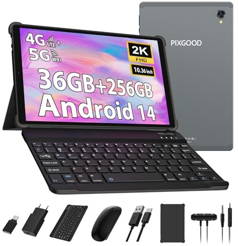PIXGOOD 2K Tablette 10,4 Pouces, Android 15 Tabletta PC, 36GB RAM+256GB ROM (2TB TF), Octa-Core 2.0 GHz, 2000 * 1200, 8000mAh, 13MP+8MP, 5G WiFi, GPS, Tablette avec Clavier ect (Gris)