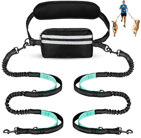DingGreat Handfree hundkoppel för 2 hundar, dubbel bungee löpkoppel med justerbart midjebälte (67 cm-140 cm), dubbla handtag och avtagbar påse, inget trassel design för medium/stora raser