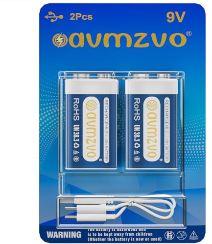 avmzvo 9V Piles Rechargeables, 1350 mAh (Lot de 2) avec Charge Rapide USB-C, Haute Performance, pour détecteurs de fumée, Microphones, Jouets et multimètres. (9V-USB-2)