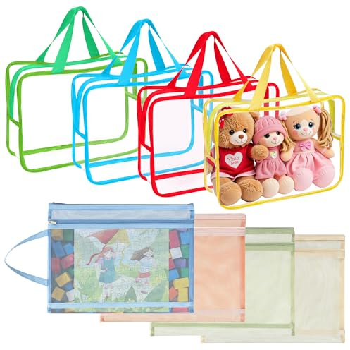 Chovbe 8 Pack Toy Storage Bags with Handles – 4 Double-Layer Building Block Organisers (33.5 x 24 cm) & 4 Clear PVC Waterproof Storage Bags for Toys, Puzzles, Travel (4 Colours)