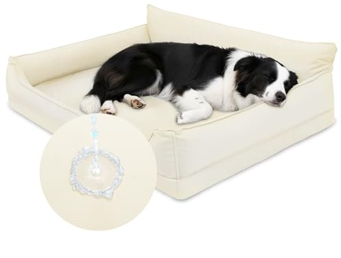 Favodormir Ortopedisk hundsäng, vattentät hundsoffa i konstläder – 91 x 68 cm för medelstora hundar, hundsängar med ägglådskum, avtagbar tvättbar hundkudde, halkfri hundkorg, beige