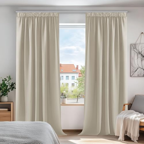 Deconovo Tende oscuranti super morbide, termiche, plissettate, 168 x 228 cm, colore beige chiaro, 2 pannelli