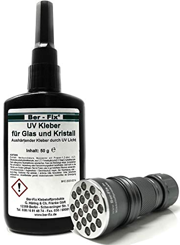 Ber-Fix Pegamento UV con lámpara, juego de pegamento para cristal, cristal y cristal, metal, 50 g de baja viscosidad + linterna UV de 21 LED 395 nm