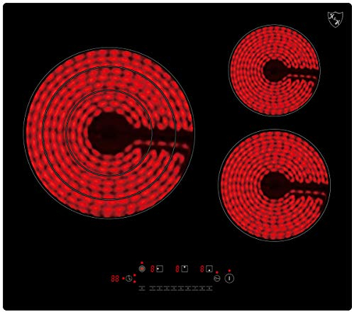 K&H Glaskeramikkochfeld NC-6605 [3 ZONEN] - Herdplatte 3 Kochfelder - Kochfeld 3 Platten Autark - Kochplatten 3er - Starkstrom-Anschluss - Kein Stecker Enthalten - 59CM 7000 Watt - 9 Leistungsstufen