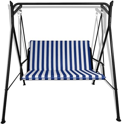 Générique Coussin bandé pour balancelle 2 Places, 3 Places, 4 Places rembourré et recouvert de Coton Totalement déhoussable avec Dossier et Assise (Blanc et Bleu, 3 Places - 135 x 55 cm)