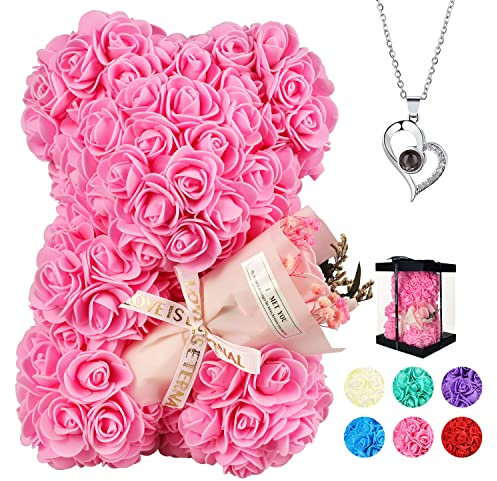 POHOMEGK Rose Bear Gifts for Her, rose bear Gifts for Women, Valentines Day Gift Rose Bear, Rose Teddy Bear, Birthday Gift for Kids, I Love You Necklace in 100 Languages