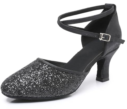 Rosefinch Chaussures de Danse Latine pour Femmes Salsa Bachata Ballroom Professional Performance Chaussures de Danse Noir 7cm Talon 39EU
