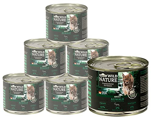 Dehner Wild Nature Katzenfutter Auwald, Nassfutter getreidefrei / zuckerfrei, für ausgewachsene Katzen, Hirsch / Truthahn, 6 x 200 g Dose (1.2 kg)