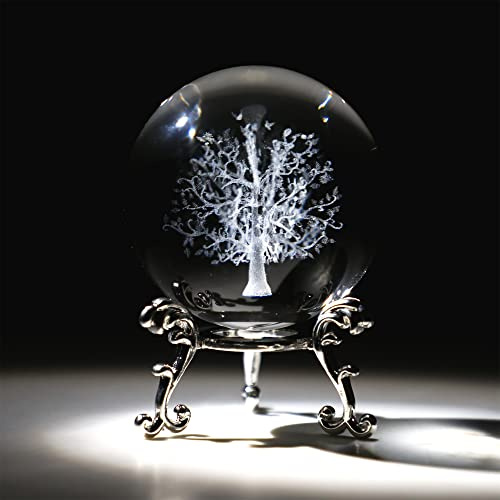 ZEERSHEE 60mm Tree of Life 3D Crystal Ball with Stand Laser Engraved Life Tree Glass Paperweights Healing Ball Art Decor Crafts Gift