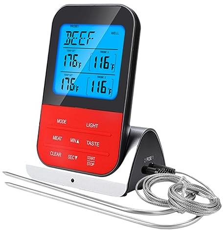 KICHOUSE Termómetro De Cocina Inalámbrico Doble Sonda Para Barbacoa y Asados Rango De Temperatura Pantalla Lcd Sin Batería Para Carne Pescado y Aves
