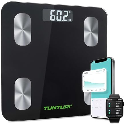 Tunturi Smart Scale – Våg – Bluetooth – 180 kg användarvikt – personvåg med app – inklusive kroppsanalys och pulsmätning
