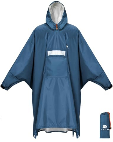 ANYOO Poncho Impermeabile Antivento con Cerniera Laterale per Protezione Completa, Giacca Antipioggia Leggero con Maniche Regolabili per Escursioni all'Aperto e Ciclismo, Blu marino, Taglia Unica