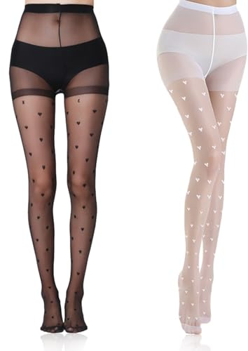 KAIOWPEIC 2 Paare Muster Strumpfhosen Damen - Schwarz und Weiß Gefütterte Strumpfhose mit Herzmuster und Halloweenmotiv