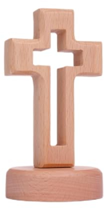 1Décor de Croix Debout en Bois Statue de, Ornement de bureau, Croix en Bois avec Base Magnétique Décorations, Utilisé Comme Décoration de Centre de Table, Décoration de Baptême(Couleur Claire)