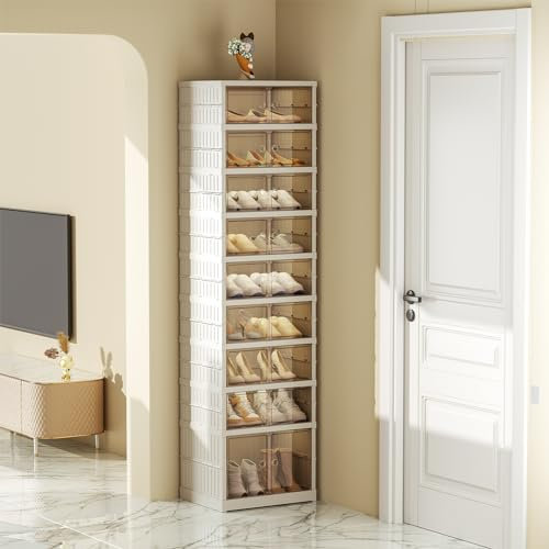ELPHECO Schuhregal 9 Etagen Kunststoff-Schuhablage Organizer, 18 Paar Faltbare Schuhaufbewahrungsboxen, tragbarer Eingangs-Schuhschrank, leicht montierbares Schuhregal mit magnetischer Tür