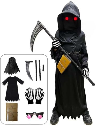 Tosekry Costume Halloween Bambino, Vestito Halloween Bambino Halloween Costume con Death Notebook, Tuta, Cappuccio, Occhiali Fosforescenti, Falce e Guanti(6-8 anni)