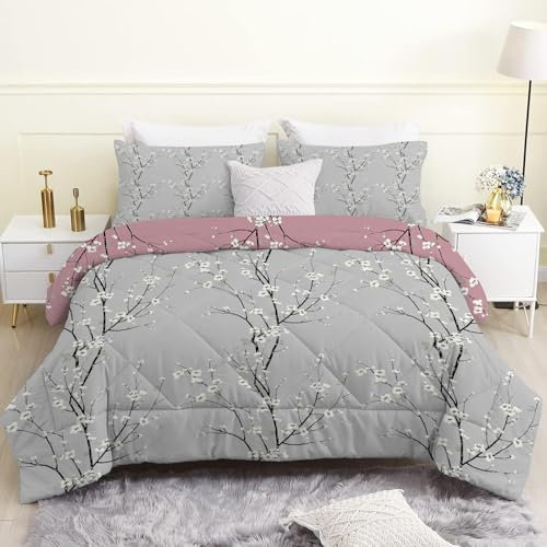 Bettdecke 135x200 4 Jahreszeiten, Graue Pflaumenblüte Vierjahreszeiten Steppdecke 135x200, Warme Ganzjahresdecke Zweigpflanzen Bettdecke ohne Bezug Waschbar Schlafdecke mit 2 Kissenbezug 80x80cm