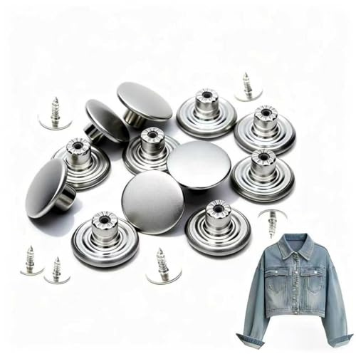 17mm Jeans No-Sew Metal Tack Replacement Kit 12 Set, Silver Buttons Jean Buttons, Button Fix for Trouser Jeans Matte Silver