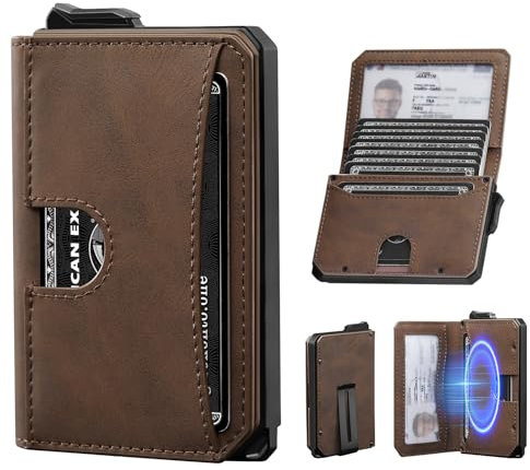 MYSHION Geldbörse Herren, Pop-Up Slim Wallet mit Ausweisfenster, Geldklammer & RFID Schutz, Klein Portmonee mit Kartenetui für 9–12 Karten, Kreditkartenetui Herren(Braun)