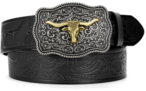 SUOSDEY Western cowboy läderbälten för män kvinnor Texas långhorn tjurspänne blommig graverat präglat läderbälte för jeans, Svart (silverspänne), Fit waist size 31-34