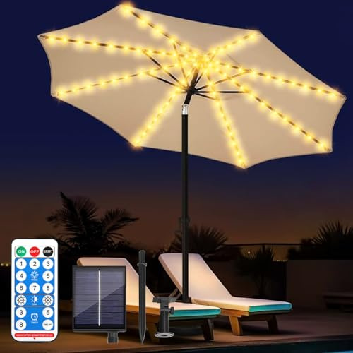 Lumières solaires pour parasol, 104 LED, 8 modes, éclairage solaire avec télécommande, lumières LED décoratives extérieures et intérieures