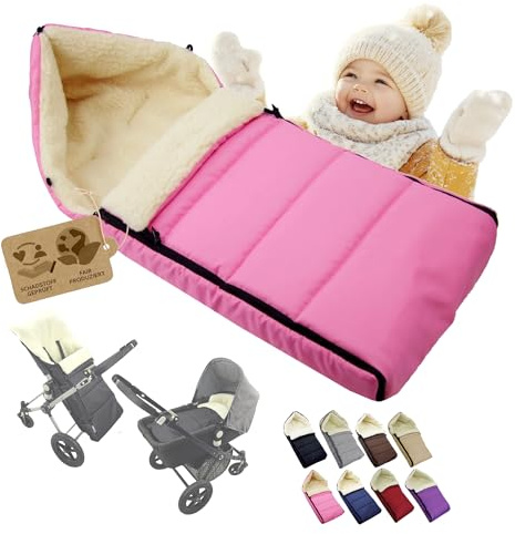 Fotsäck [vinteråkpåse för barnvagn] buggy babystol eller släde, babyåkpåse med lammull, gosig, varm, tvättbar, 108 cm (rosa)