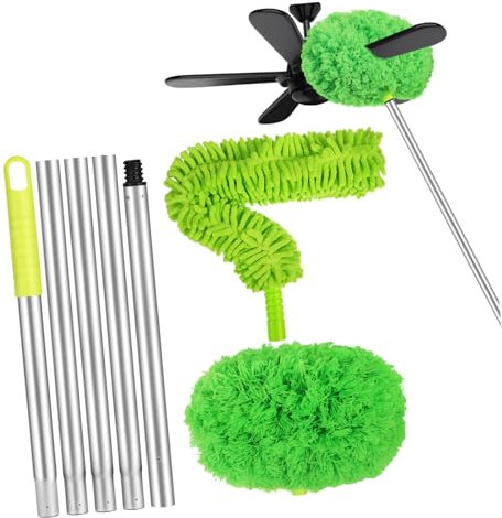 GARVALON Spolverino Per Pulizia Soffitti e Ventilatori Con Manico Estensibile in Alluminio Durevole Spazzola Flessibile Rimuovi Ragnatele Adatta Soffitti Alti Testine Staccabili Per Facile