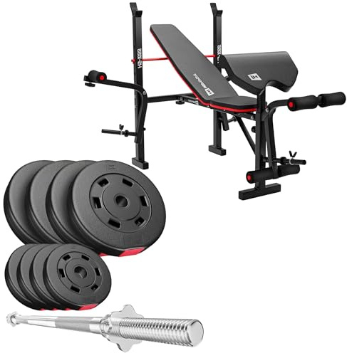 HOP-Sport® Banc de Musculation Pliable HS-1055 avec Pupitre de Curl, Papillon et Set d’haltères en Plastique de 37 kg, Disques de Poids avec alésage 31 mm et Barre Droite, Noir