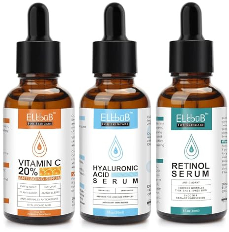 Sérum Facial 3 Pack - Vitamina C, Retinol, Acido Hialuronico - Piel más luminosa y poros menos visibles, Reduce las arrugas - Contorno de Ojos y Piel Joven y Radiante