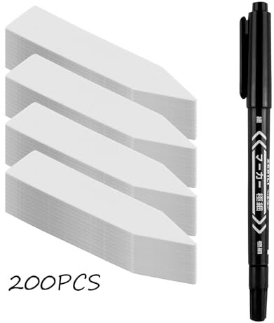 200 cartelli per piante resistenti alle intemperie, 5 x 1 cm, in plastica bianca con 1 penna nera per etichette da giardino, piante in vaso e semi di erbe, riutilizzabili e durevoli