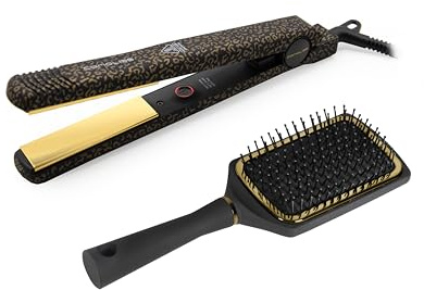 Corioliss C-Style | Plancha del Pelo | Placas de Titanio | Control de Temperatura 165º-220º | Iónica | Alisado Ondas | Incluye Cepillo Paddle | Calentamiento 30 Seg | Cable Giratorio | Leopard Gold