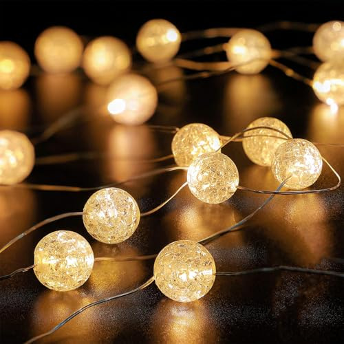 KOBOKO Lichterkette Kristall Kugeln mit 2 Modi, 3M 30 LED Kristall Crackle Kugeln Lichterkette Batteriebetrieben, Lichterkette Innen für Hochzeit, Weihnachten, Geburtstag, Schlafzimmer, Garten, Balkon