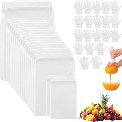 Sheryl&Rain 20 Pcs Sacchetti per Bevande Vegetali e 20 Guanti, 3 dimensioni Etamina per Cucina, Sacchetti Filtranti per Alimenti Nylon, per Latte di Noci, Formaggio, Frutta, Caffè, Verdura(100 mesh)