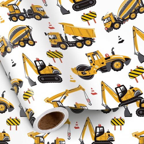 RUSPEPA Rotolo Di Carta Da Regalo Mini Con Camion Da Costruzione Per Ragazzi - Escavatore, Betoniera, Gru, 43,2 Cm X 5 M - Ideale Per Compleanni Di Bambini, Feste A Tema Veicoli