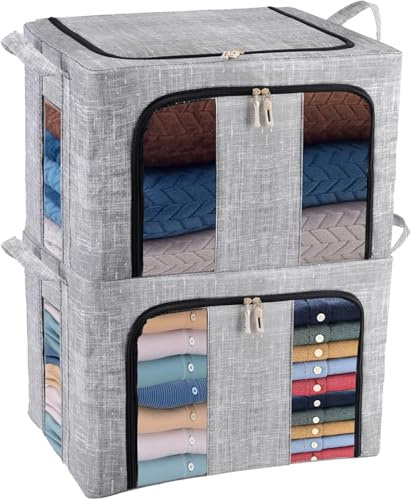 GUYAQ Clothes Storage Boxes 2PCS 66L, Folding Storage Bag with Fabric Steel Frame, Closet Organizer with Opening Zips for Storing Bedding, Blankets