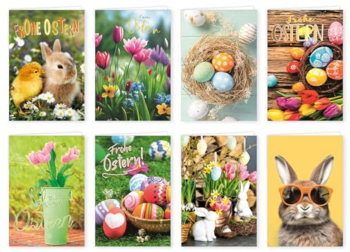 PremiumLine Osterkarten Set 8 Stück inkl. Umschlag - Motive Osterhase und Ostereier - hochwertige Osterpostkarten - Klappkarte Frohe Ostern Osterkarten 2026 Grußkarten