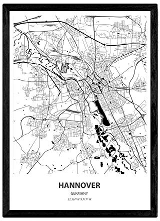 Nacnic Poster Mappa di Hannover - Germania. Fogli Città in Germania con Mari e fiumi, in Colore Nero. Formato A4