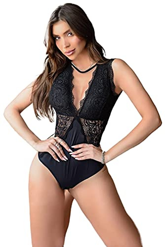 NBBNYJ Body Donna Elegante Vintage Estivi Pizzo V Collo Bodysuit Blusa Camicie Top Tuta Abbigliamento (Nero-2, Medium)