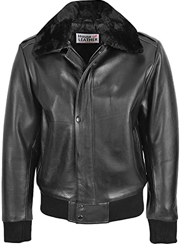Mens Leather Bomber Jacket Removable Collar Pilot Aviator Leroy (L, Black)