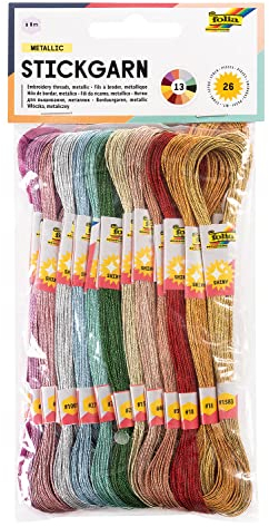 folia 23994 - Stickgarn Metallic, 100 % Polyester, 26 Docken à 8 m in 13 metallisch schimmernden Farben sortiert, zum Sticken, Knüpfen und Basteln