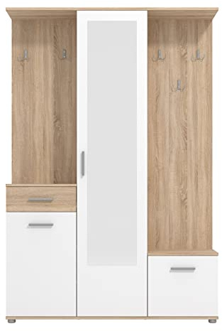 Arredo Stock Mobile da ingresso con armadio, portascarpe, specchio cassetto ed attaccapanni bianco con finiture effetto cemento, 133x197x33 cm (Quercia)