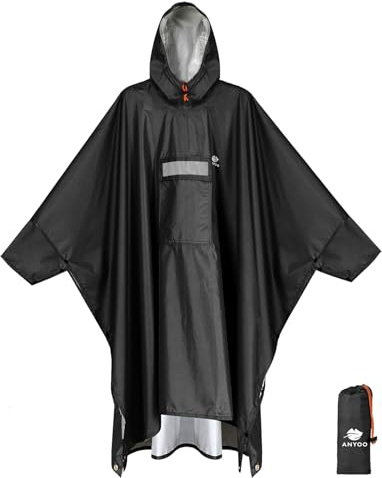 ANYOO Poncho Antipioggia Impermeabile con Maniche e Tasca, Leggero e Riutilizzabile, con Cappuccio ideale per Attività all'aperto, Campeggio, Escursionismo, Pesca, Nero, Taglia Unica